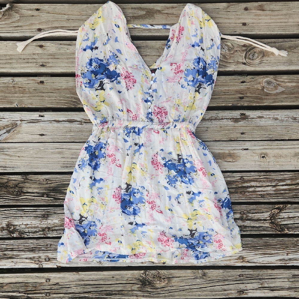 Bumble Bee Abstract Watercolor Blpuse Button Pink Blue Yellow Babydoll Tunic